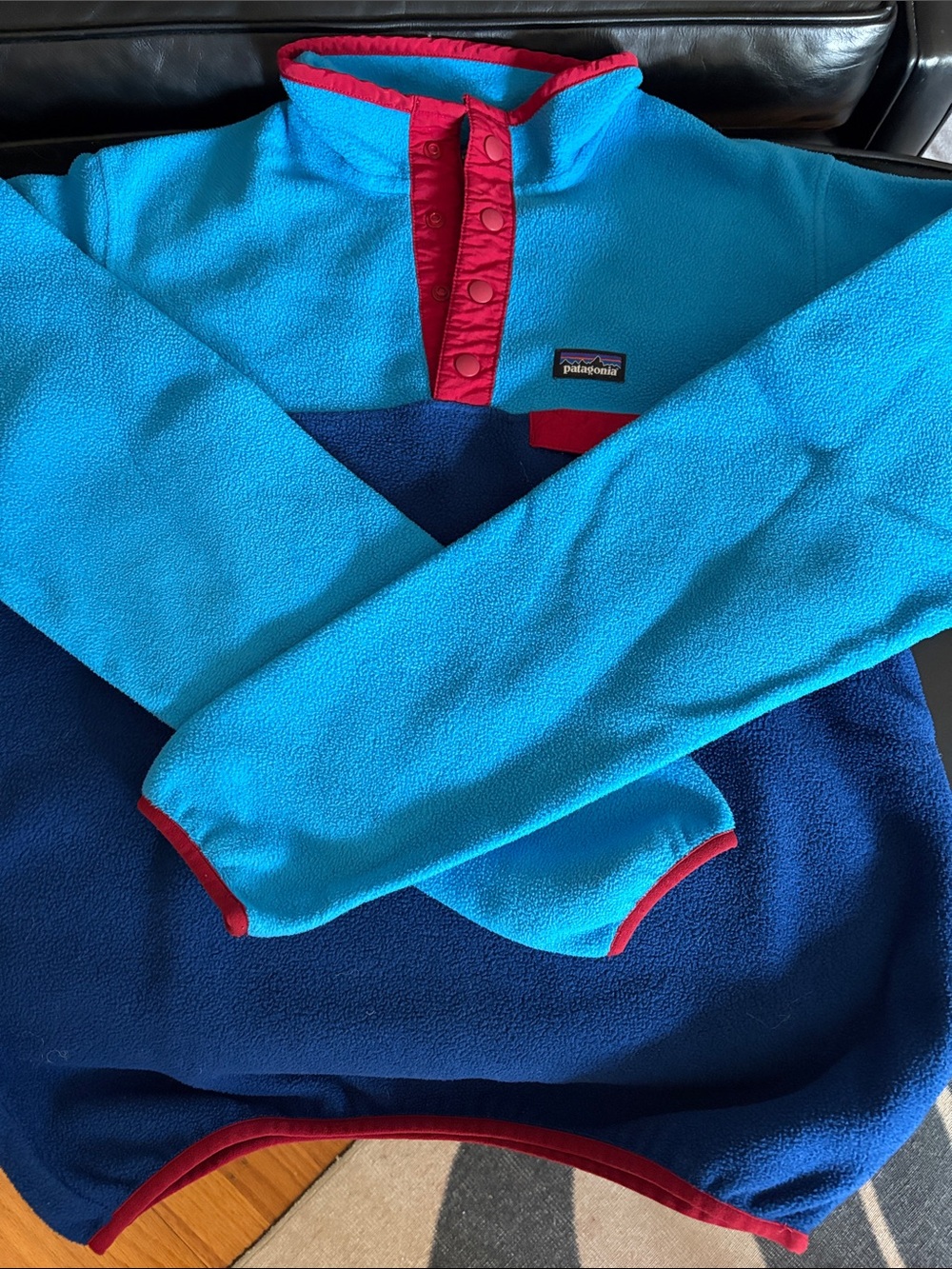 Patagonia Two-Tone Blue Snap-Front Fleece with Red Trim